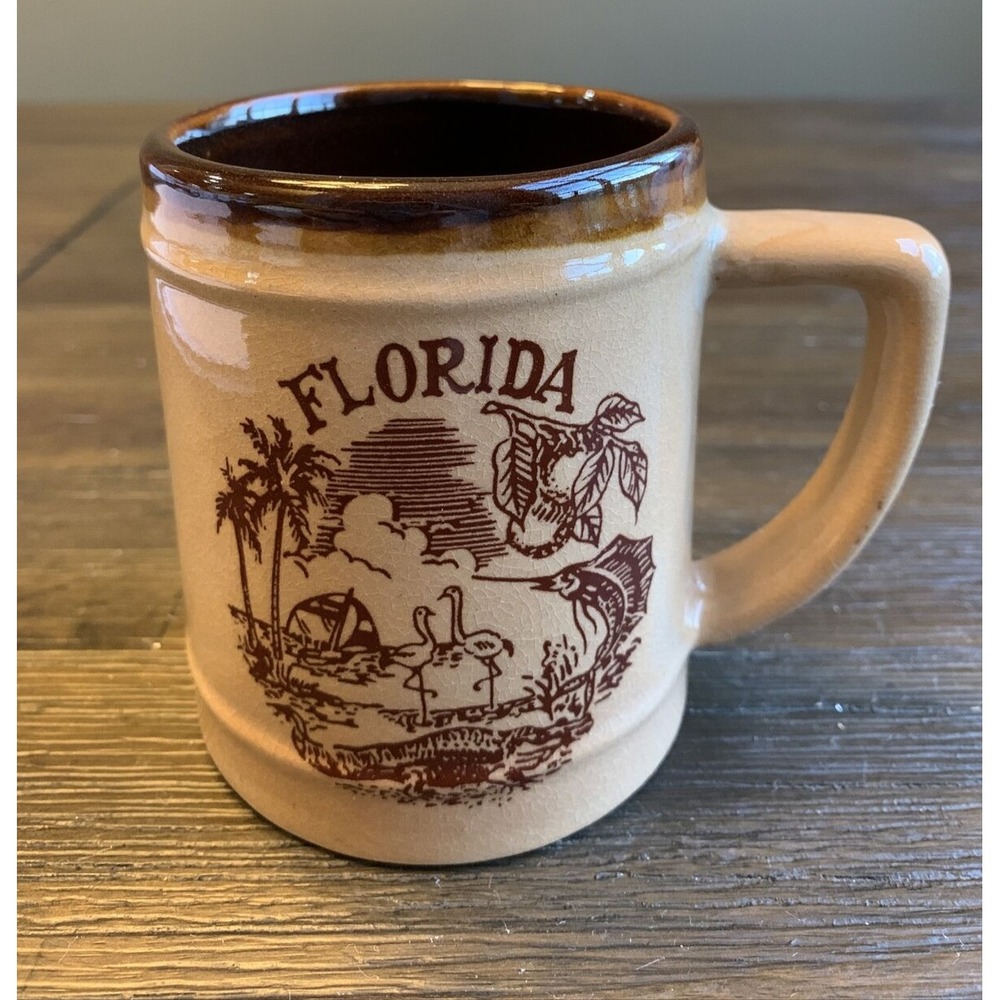Vintage Florida Souvenir Stoneware Beer Coffee Mug Poem Palm Trees Flamingos